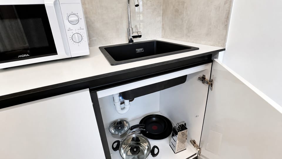 Modern kitchenette with cookware, microwave, and sleek black sink