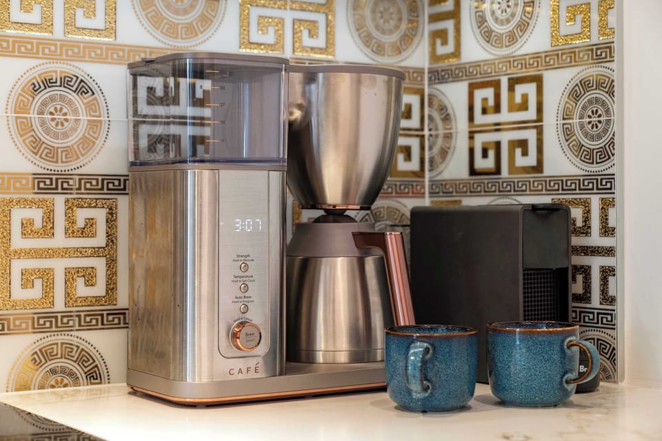 A dedicated coffee station with everything set for your next cup