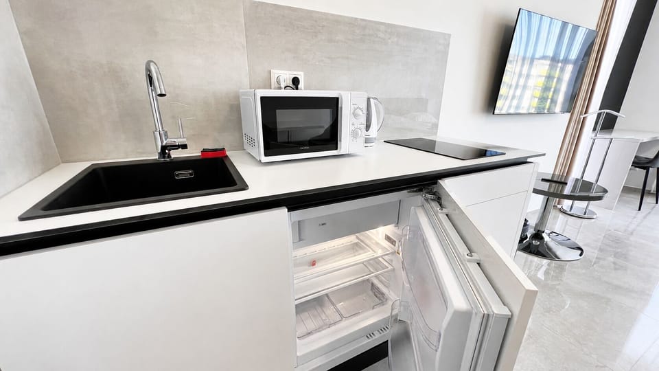 Modern kitchenette with cooktop, microwave & mini fridge