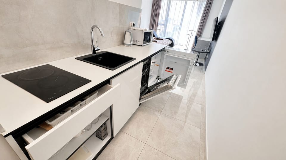 Bright modern kitchenette with cooktop, sleek storage, and natural light