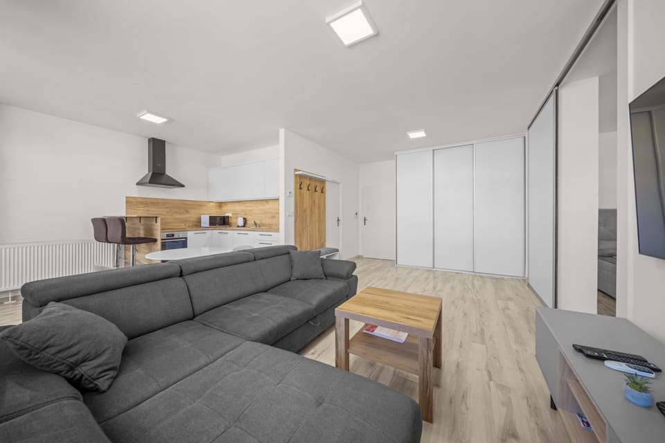 Bright open-plan living area with modern kitchen and spacious sectional