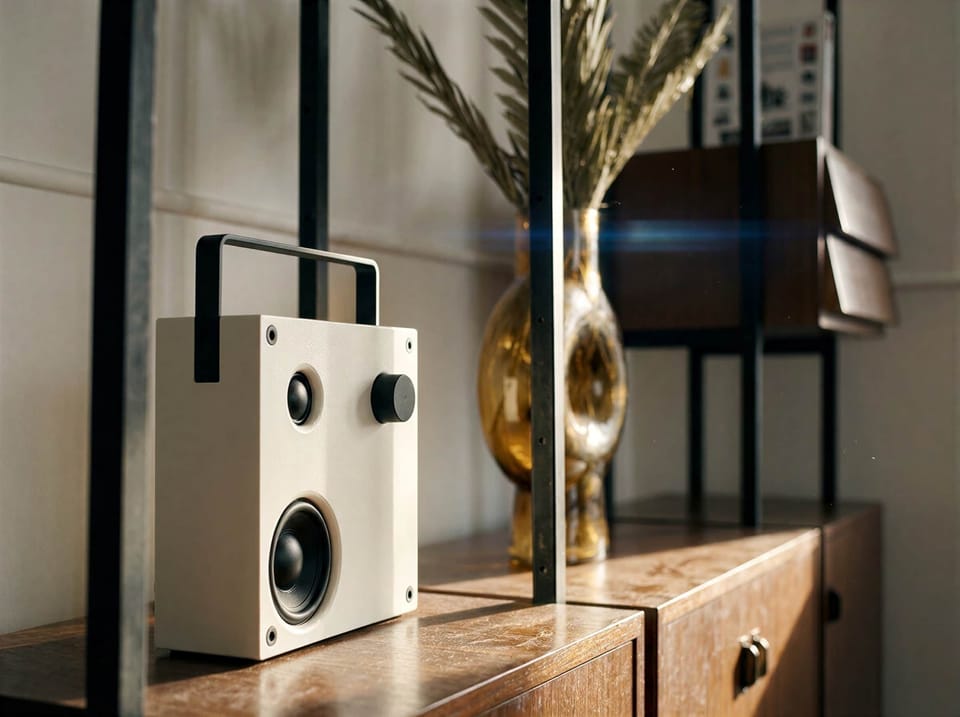Speaker and open shelving in the living room