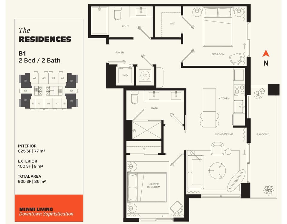 Spacious 2 Bed / 2 Bath residence. Enjoy 825 sq. ft. of interior living space plus a 120 sq. ft. private balcony, totaling 945 sq. ft. of room to relax.