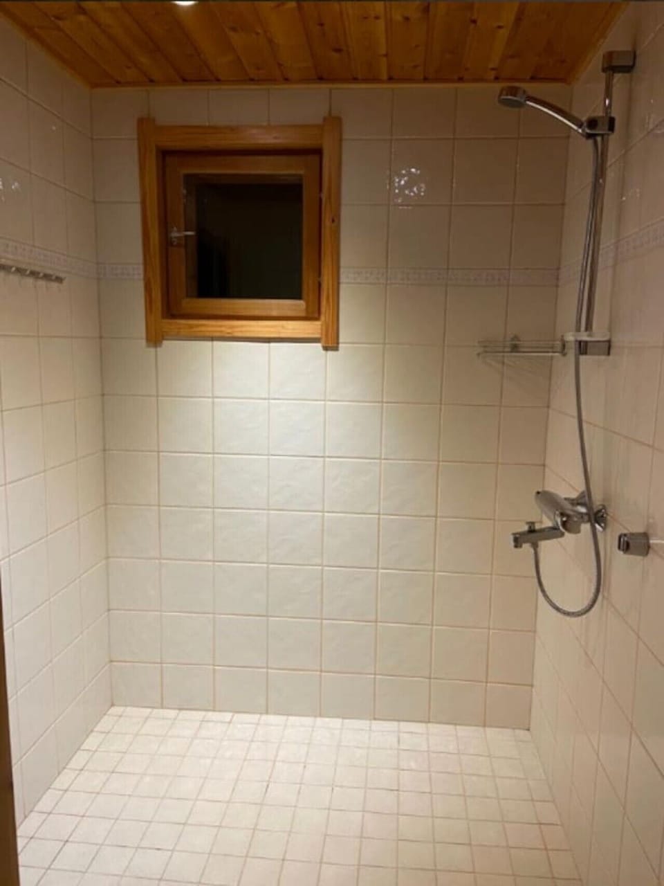 Tiled shower area with a handheld shower and a window for natural light.