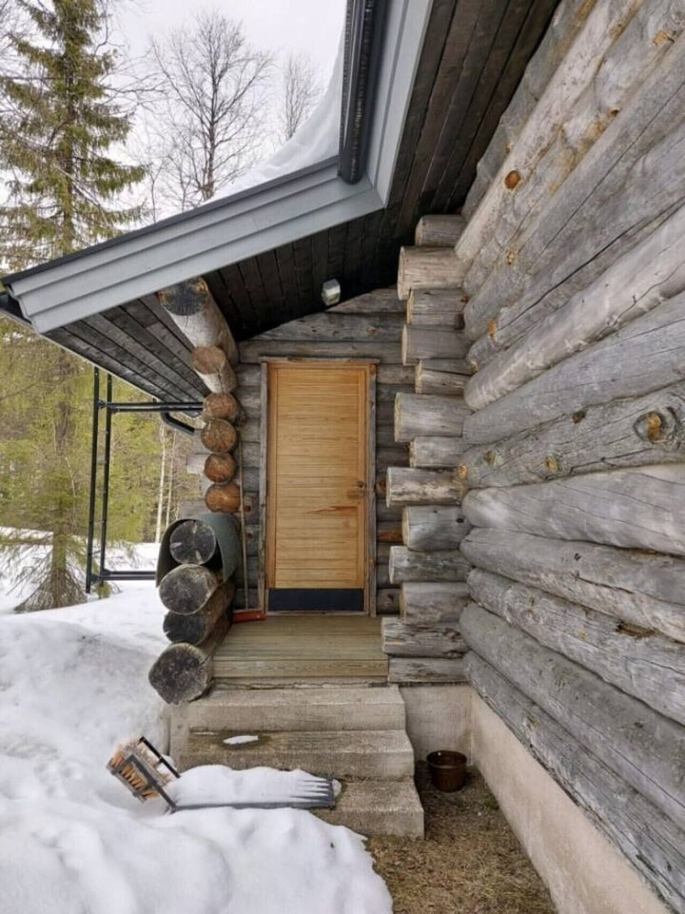 Covered entrance with a wooden door and log walls, looking out to the forest.