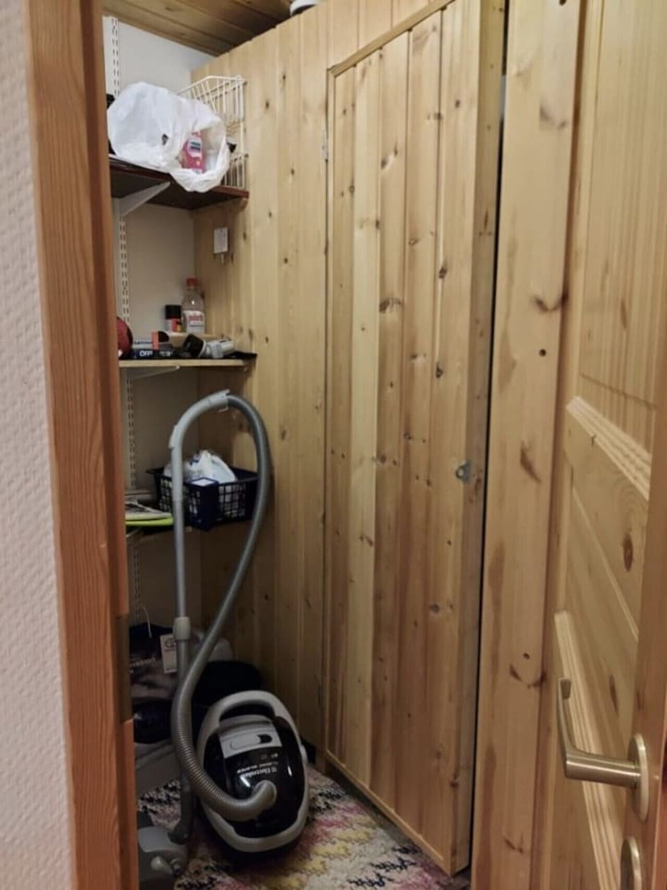 Utility corner with a vacuum cleaner and storage shelving beside the sauna door.