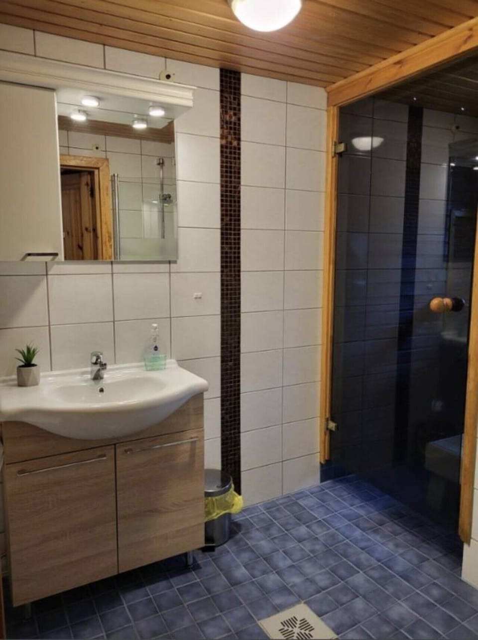 Bathroom with a sink, mirror, and a modern walk-in shower.