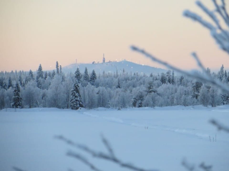Snow-covered forest and fell scenery in the surrounding nature area.