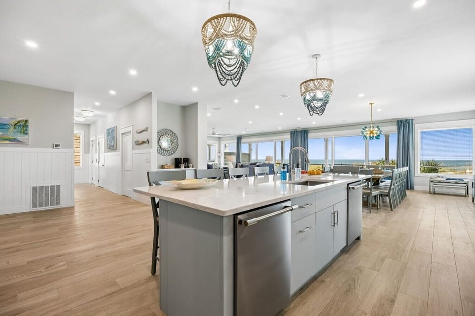 Open kitchen dining floor plan with ocean views
