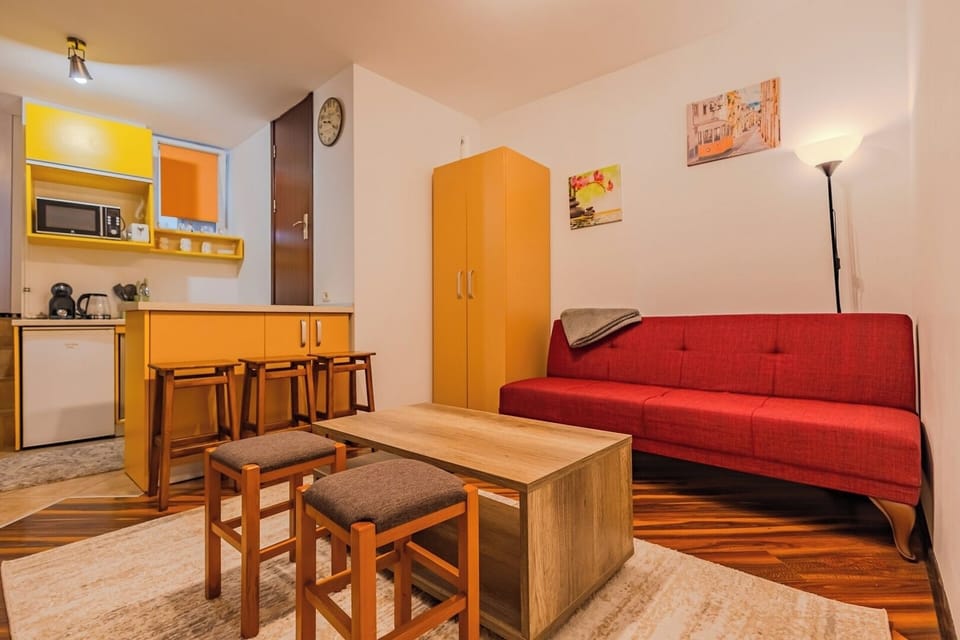 Open-plan studio with red sofa bed for 3, dining table with bar stools, built-in wardrobe and direct view into the kitchen area. Blackout curtains and hardwood flooring. Maia Studio in Old Town, Brasov.
