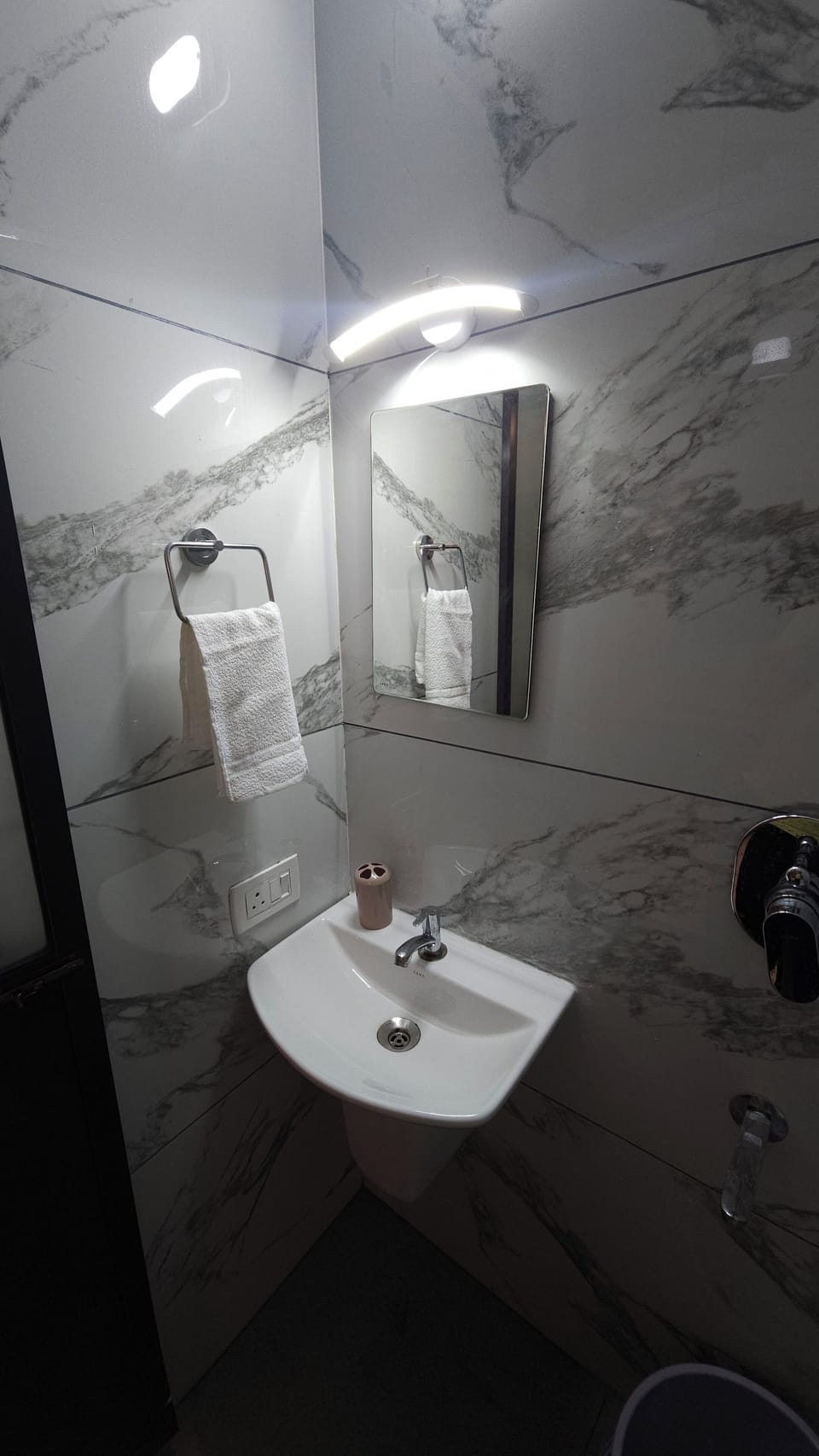 Separate tub and shower, towels, soap, toilet paper