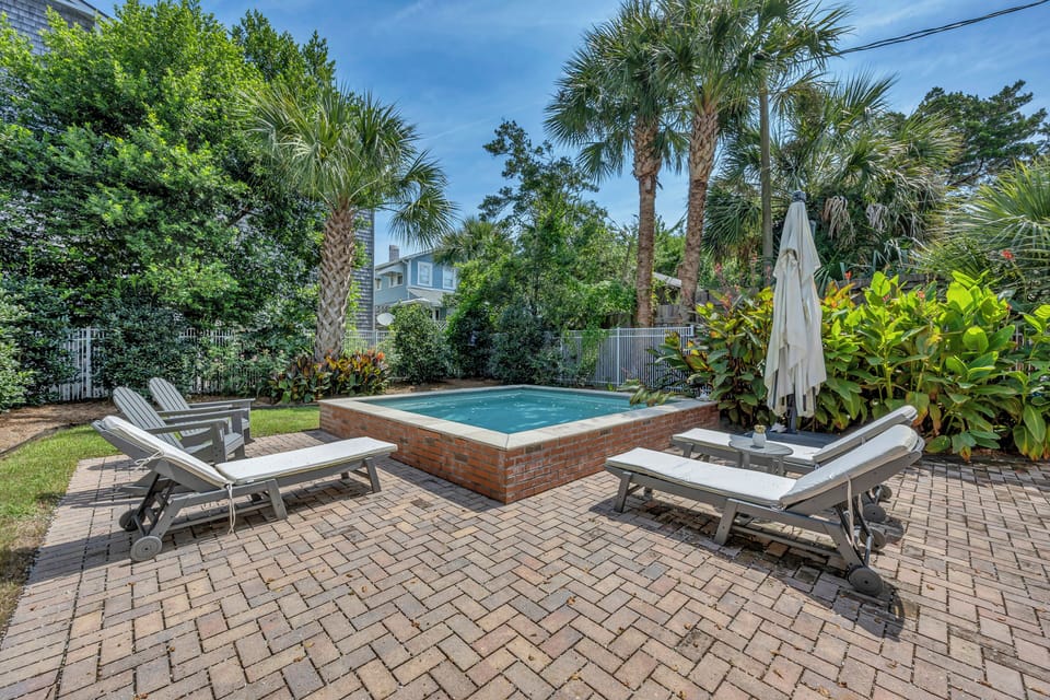 A private oasis awaits with a heated plunge pool surrounded by lush tropical palms and comfortable loungers. Soak up the sun on your paver patio, unwind by the water, and let the greenery transport you to pure relaxation.