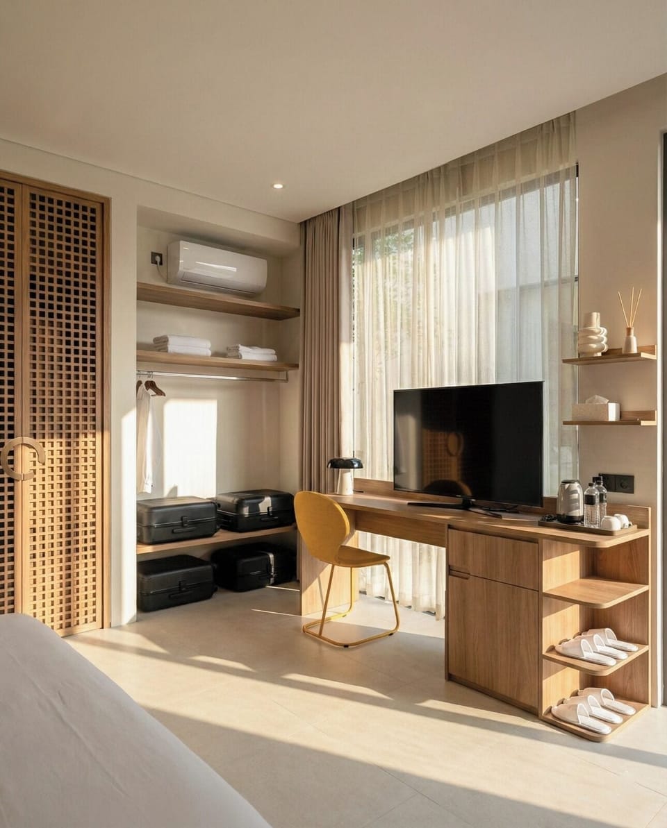 Deluxe Quadruple Room, Garden View | In-room safe, desk, laptop workspace, blackout drapes