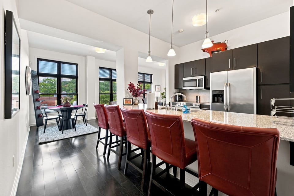 Bright kitchen with bar seating