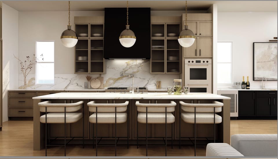 Step into your chef-inspired kitchen, where elegant marble backsplash meets warm wood tones. Gather around the spacious island with seating for six, perfect for morning coffee or evening wine with friends.