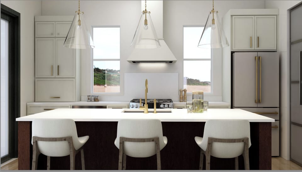 Your modern kitchen blends style with function—bright windows frame coastal views, sleek pendant lights hang above a spacious island, and premium stainless appliances make meal prep a breeze.