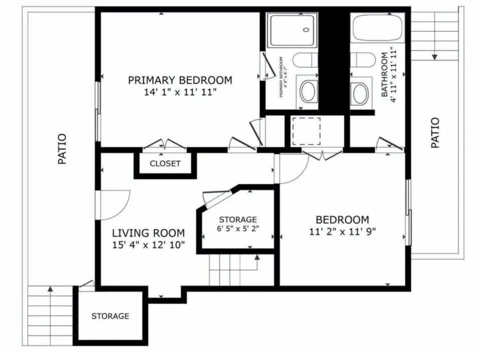 Floor plan of the lower level. The primary bedroom has a king bed.