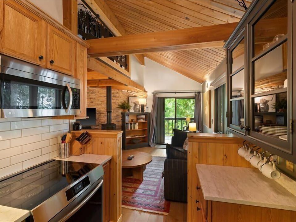 A view to the living room from the kitchen area