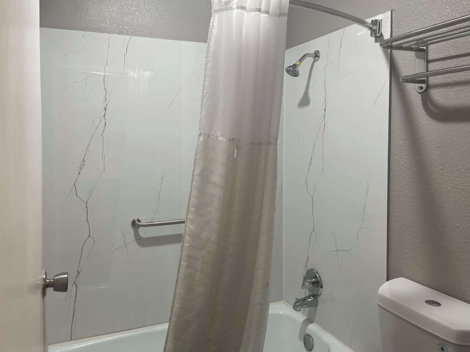 Combined shower/tub, free toiletries, hair dryer, towels