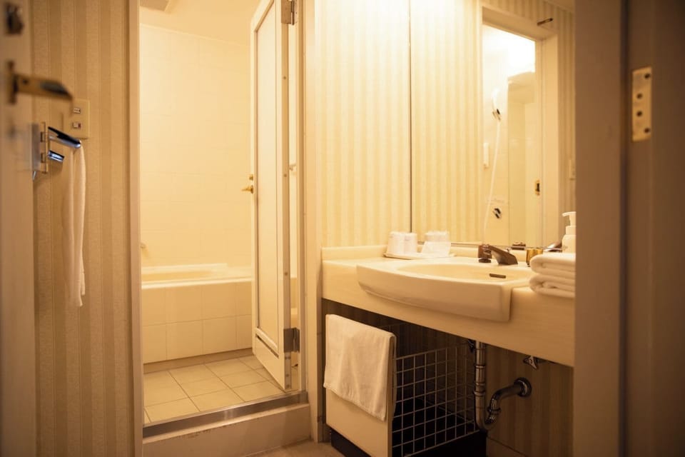 Combined shower/tub, deep soaking tub, free toiletries, hair dryer