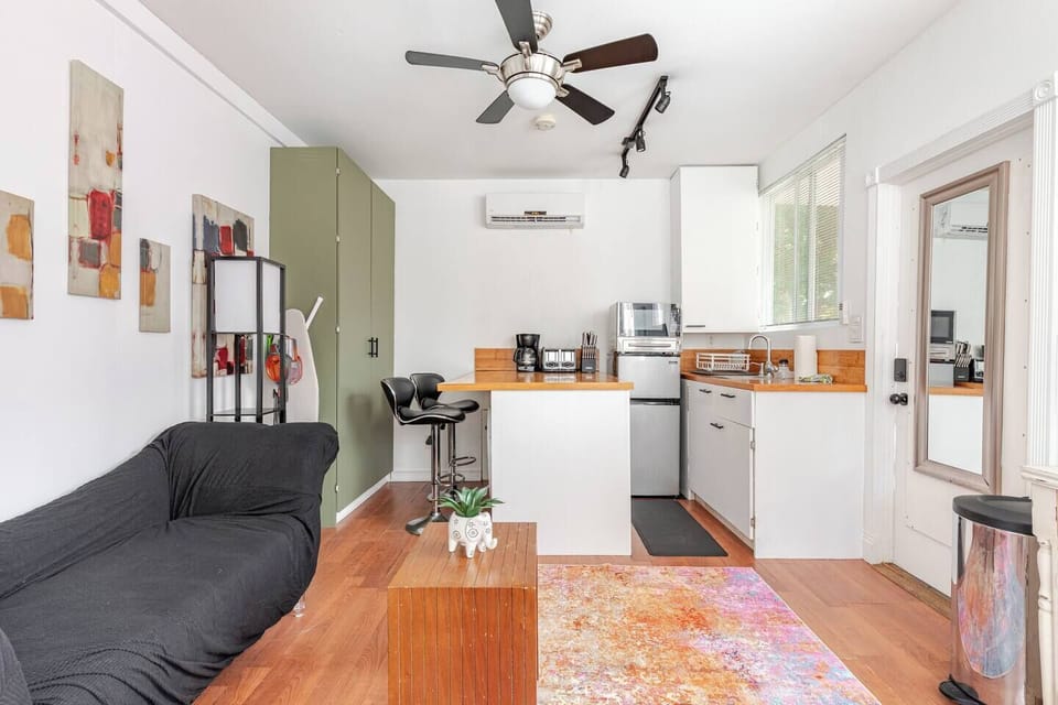 Comfortable open-concept space with a cozy sofa, colorful area rug, well equipped kitchenette with bar stool seating for two and plenty of natural light.