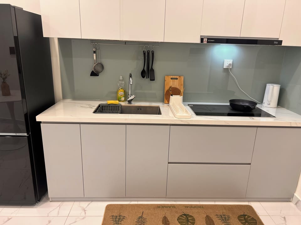 Panoramic Apartment, Balcony, River View | Private kitchen | Full-size fridge, microwave, stovetop, cookware/dishes/utensils