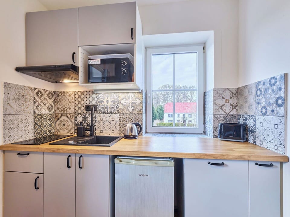 Kitchen, Interior Design, Flooring, Countertop, Kitchen Appliance, Major Appliance, Plumbing Fixture, Floor, Tap, Room