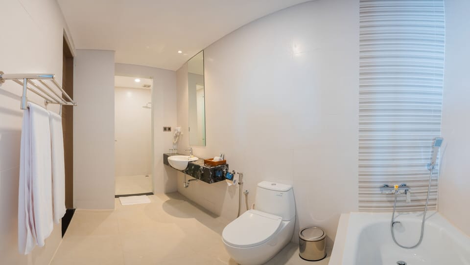 Shower, free toiletries, hair dryer, slippers