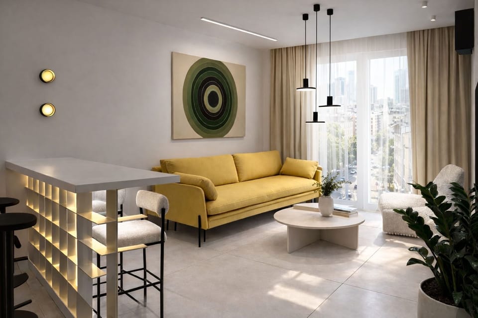 Deluxe Apartment | Living area | 50-inch Smart TV with cable channels, heated floors