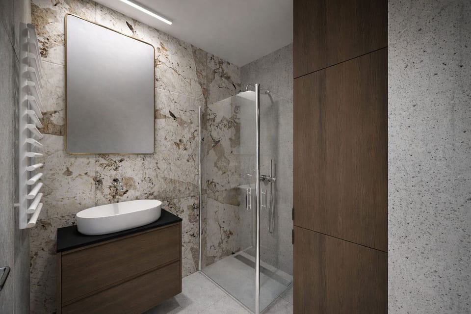 Shower, rainfall showerhead, free toiletries, hair dryer