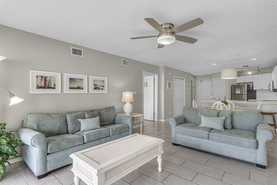 Bright living space with coastal furnishings