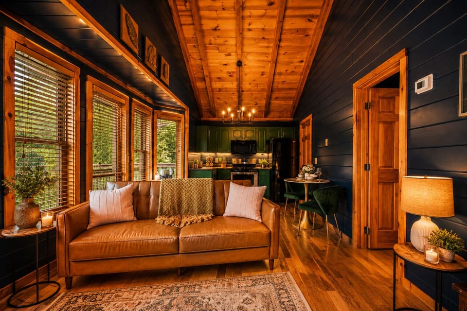 Step into a warm and inviting cabin retreat featuring soaring wood-beamed ceilings, rich navy accent walls, and cozy designer furnishings. Relax on the comfortable leather sofa, enjoy the open-concept living space, and unwind in a cozy atmosphere.