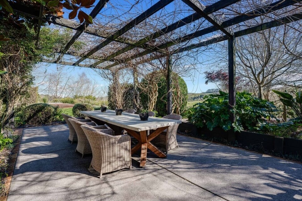 Outdoor dining with beautiful views across the surrounding countryside