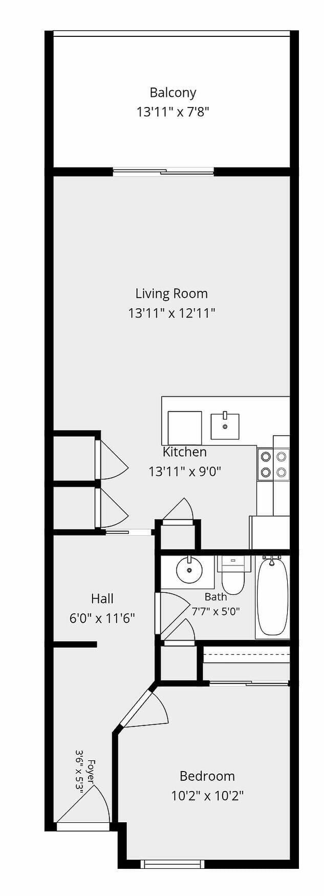 Floor plan showing the 1BR layout with hallway twin bunks, full bath, open kitchen/living area, and private Gulf-front balcony