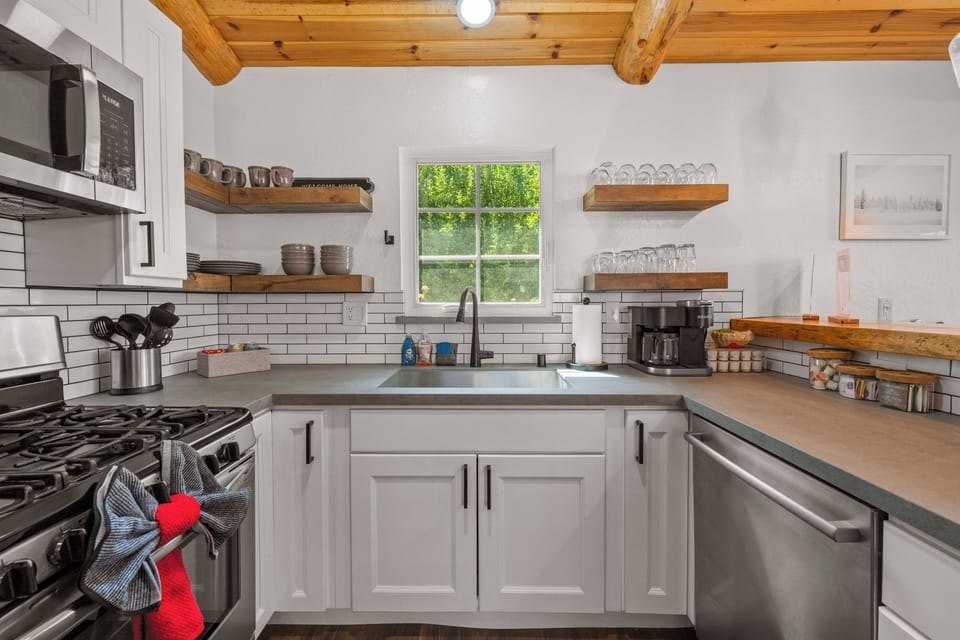 Full-sized kitchen gives you everything you need to prepare meals at home.