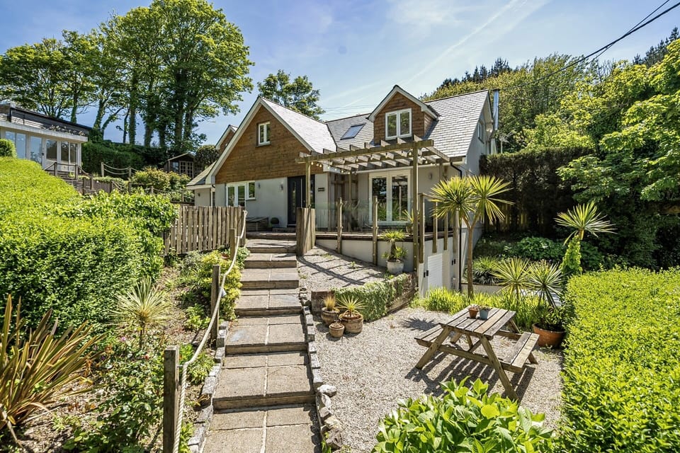 Garden at Avalon Beach House with sea views of Maenporth Beach Falmouth Cornwall