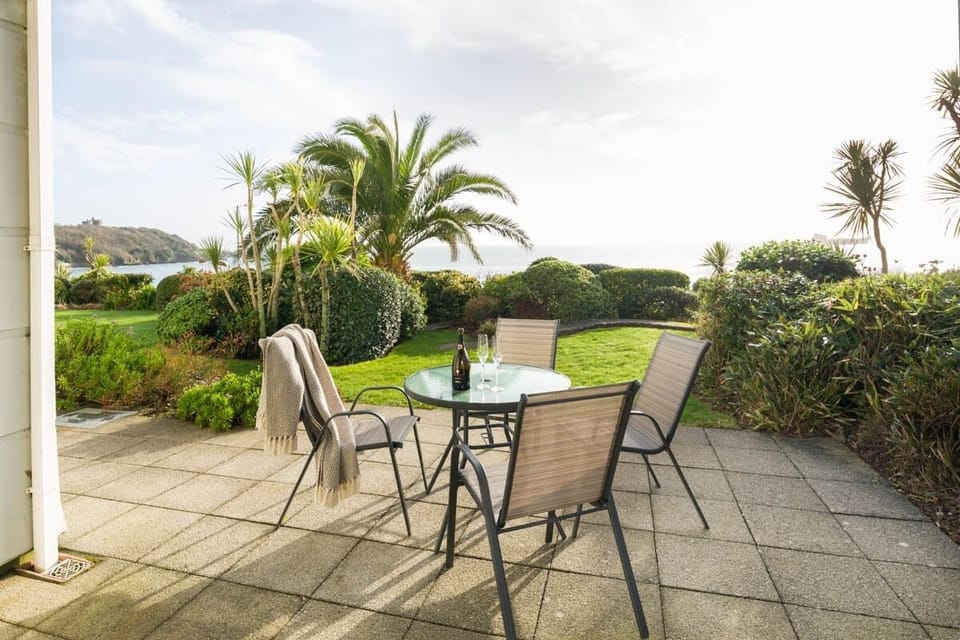 Castle Bay outdoor patio with sea views across Falmouth Bay Cornwall