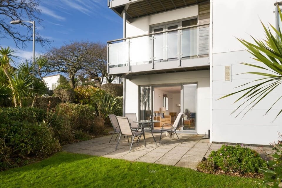 Garden terrace area at Castle Bay coastal apartment Falmouth