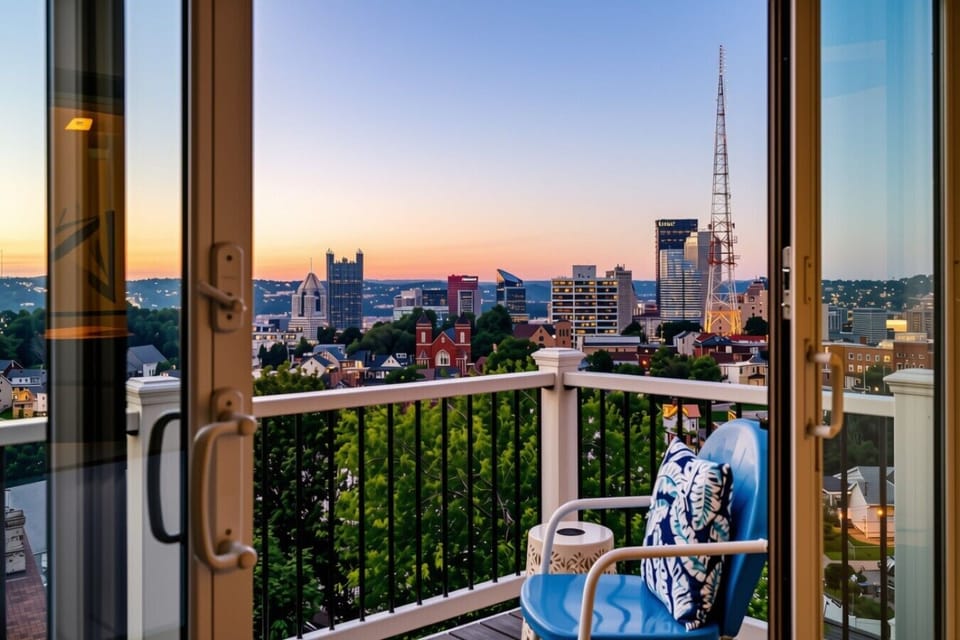 Toast to the perfect evening—relax on your private balcony and watch the sky glow with golden sunset hues over the stunning city skyline.
