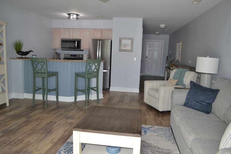 Kitchen has barstool seating