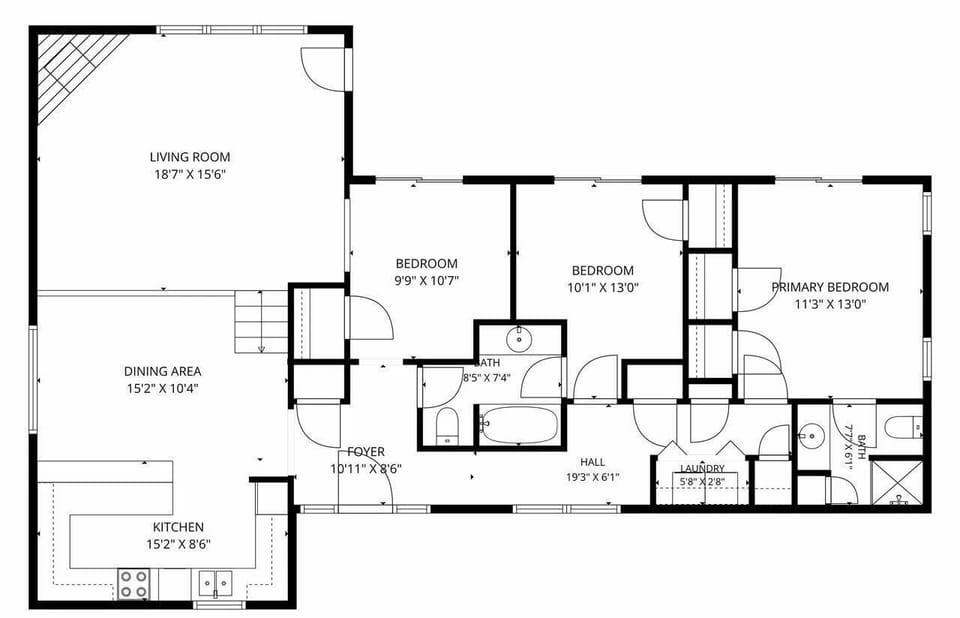 Floor plan of the three-bedroom, two-bath home.