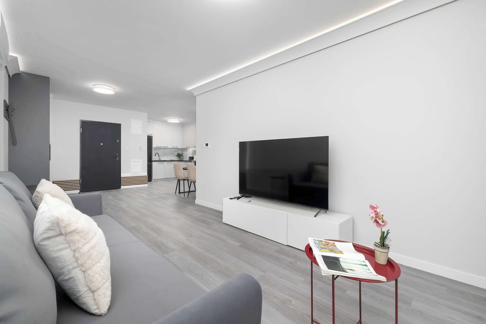 A living area featuring a grey sofa, wall-mounted TV, and a small coffee table decorated with flowers. The room is illuminated by natural light from the large window.