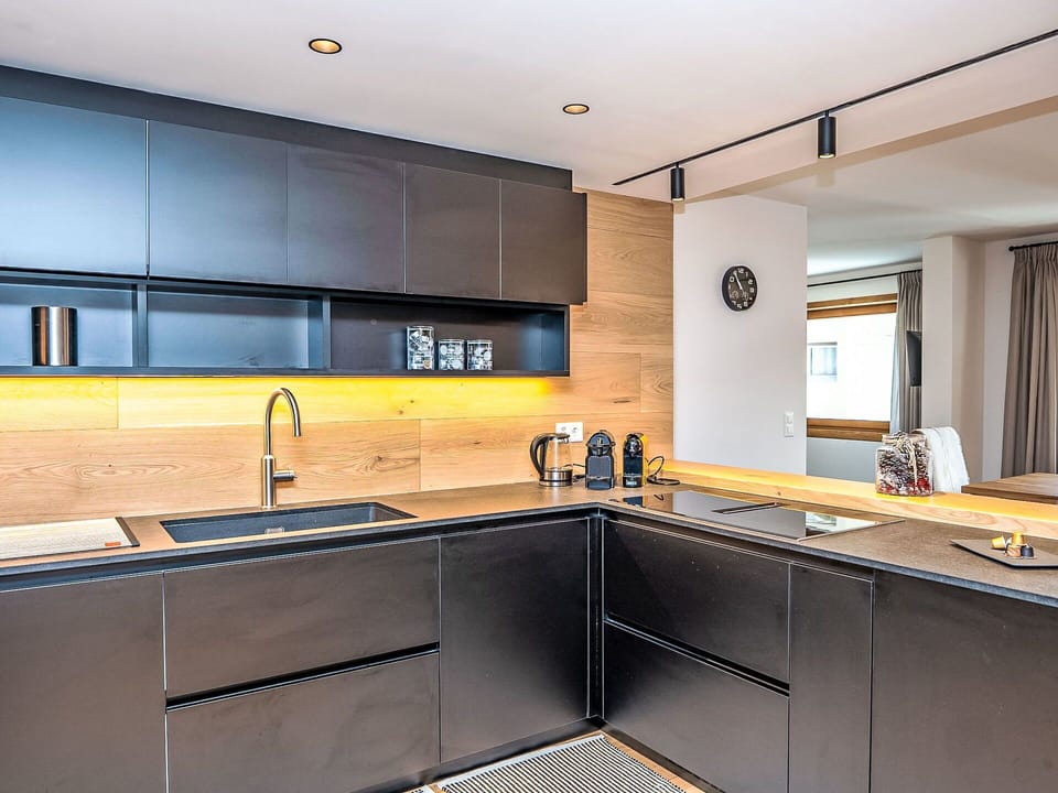 Kitchen, Countertop, Interior Design, Wood, Flooring, Cabinetry, Furniture, Kitchen Appliance, Lighting, Floor