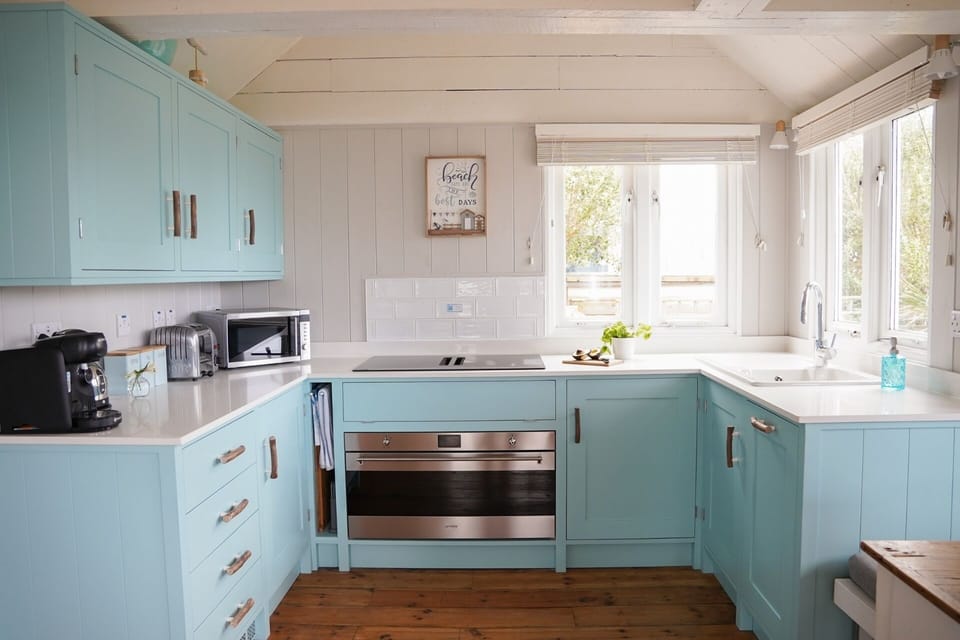 Kitchen at Driftwood beach chalet in St Ives Bay Cornwall