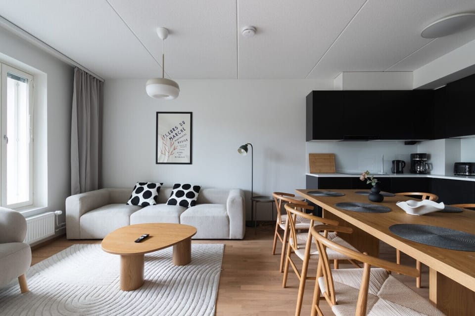 Spacious living area combined with fully equipped kitchen.