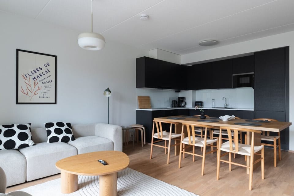 Spacious living area combined with fully equipped kitchen.