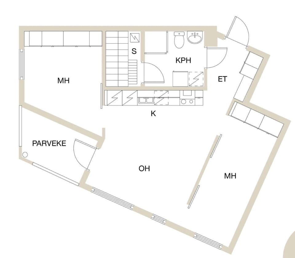 The floorplan (OH=living room, K=kitchen, MH=bedroom, Parveke=balcony, KPH=bathroom, S=sauna, ET=entrance