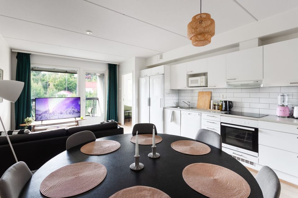 Living area has fully equipped kitchen.
