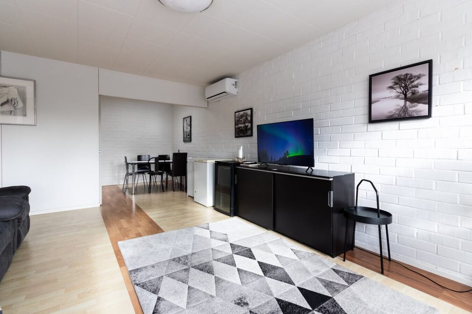 Spacious living room with smart-TV, armchairs, AC and one single bed.