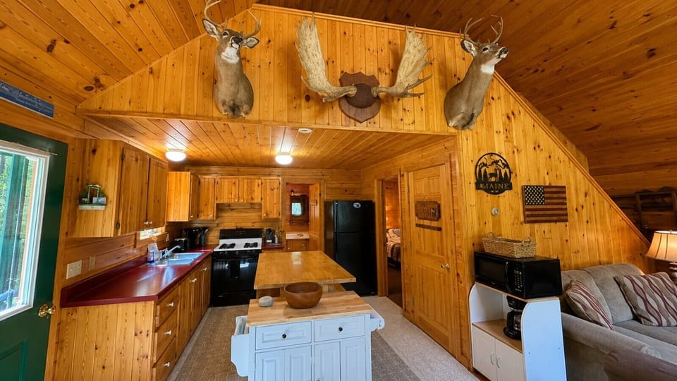 Rustic, fully equipped kitchen with warm wood interiors and plenty of space for preparing meals.